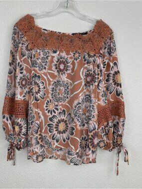 Womens Blouse Medium Floral Print Crochet Lace Top Boho